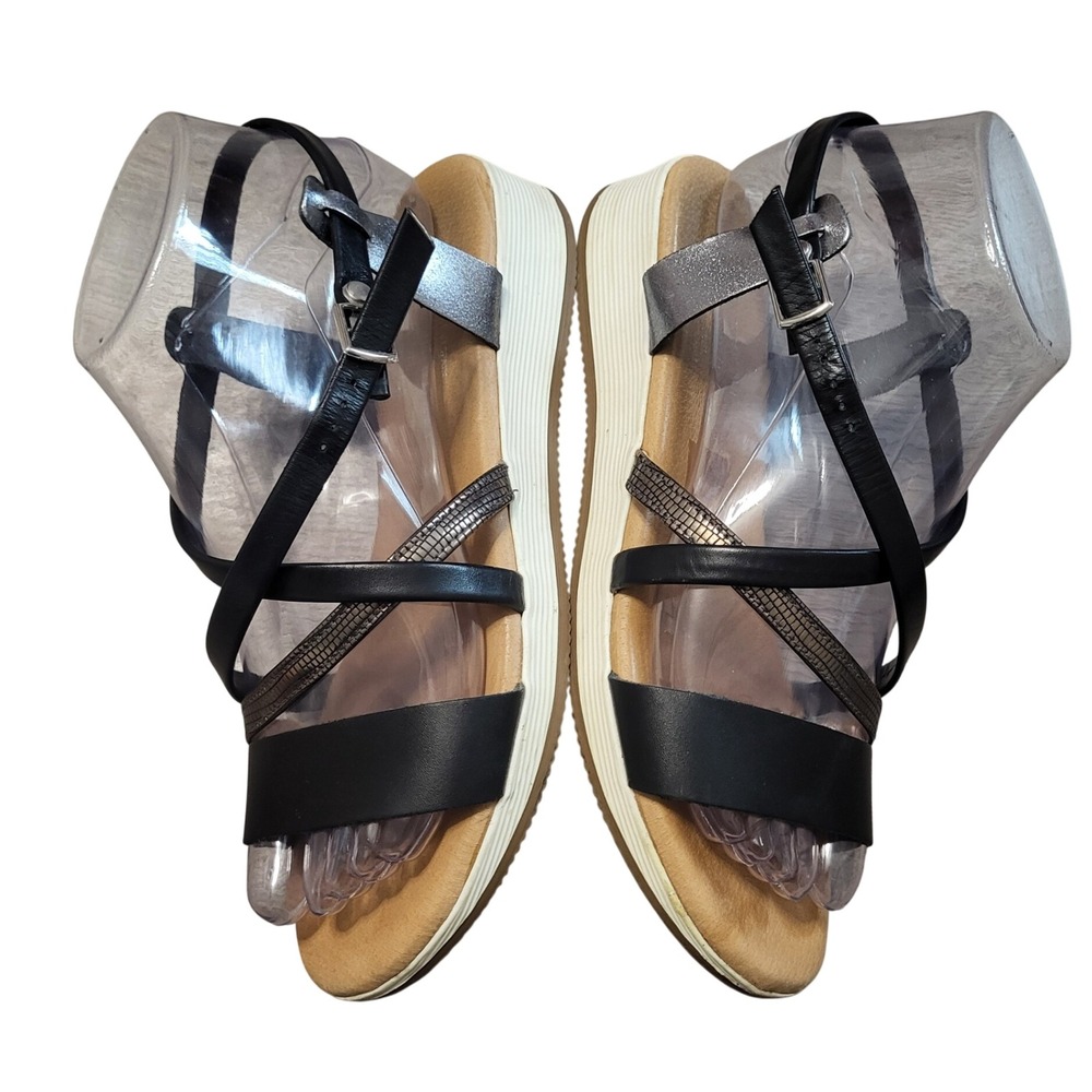 Eric Michael Black Metallic Leather Platform Low Wedge Sandals US 7 EU 37 Spain